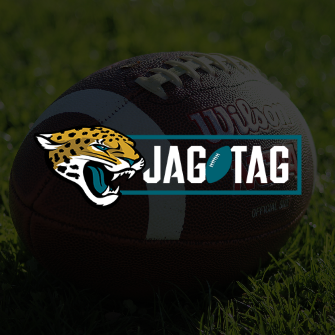 Image shows an american football in the background with the JagTag logo over it