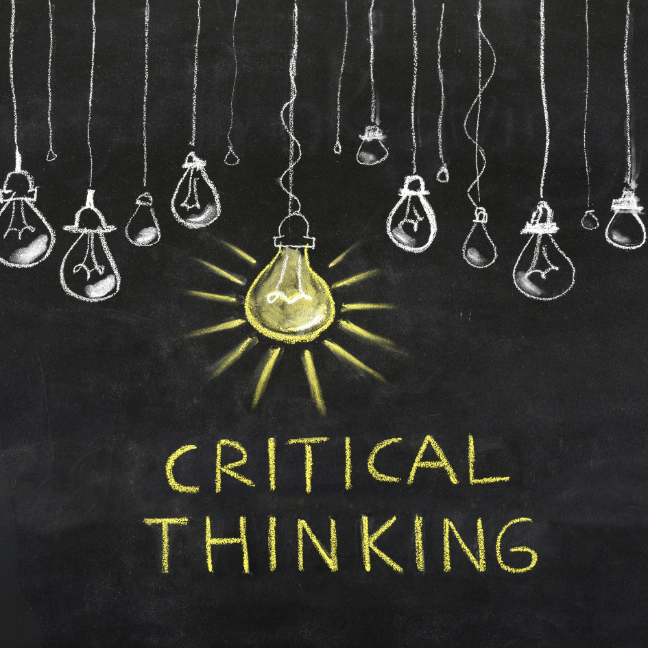Image shows a blackboard with light bulbs drawn in chalk as if they are hanging from the top, one light bulb in the centre is drawn with yellow chalk and has lines of light coming from it as if it is shining. The words Critical Thinking are written underneath.