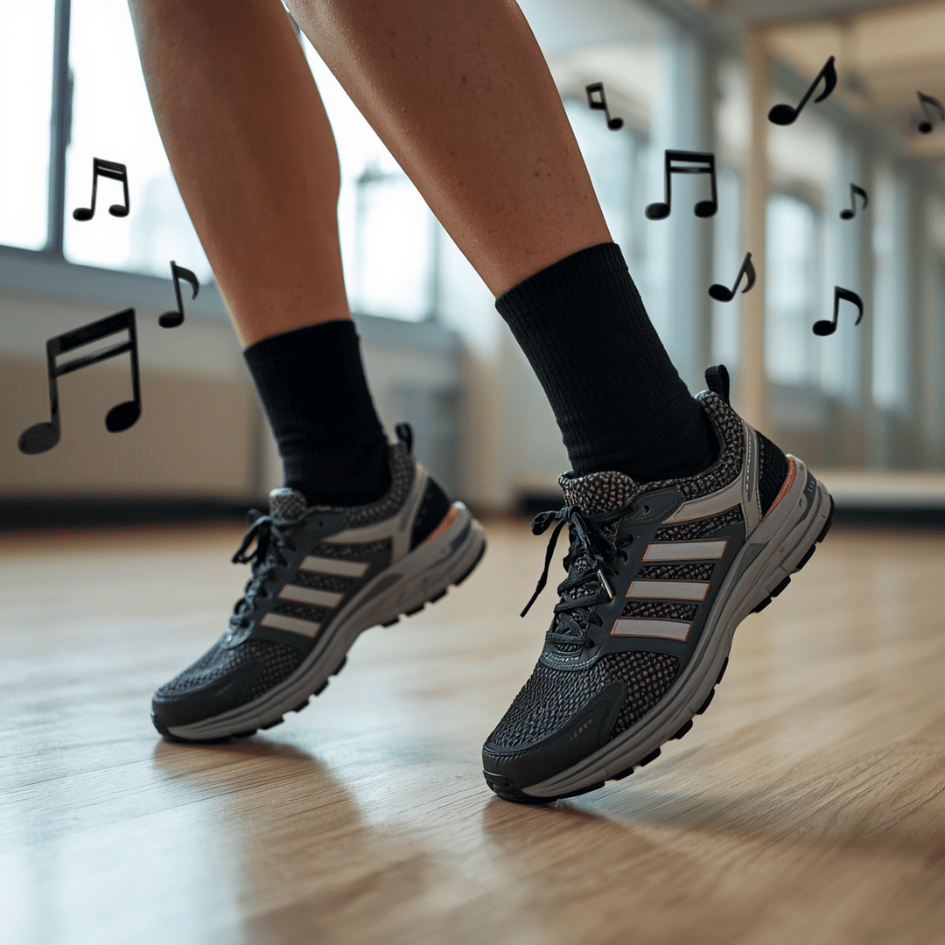 Image shows someone's fee in black socks and trainers dancing to music; there are musical notes in the air