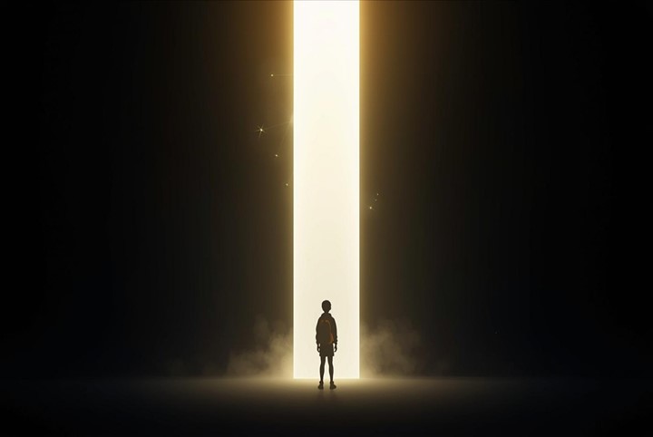 Image shows someone standing in front of a gap in a dark wall. A bright light is coming from the gap.