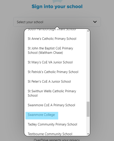 Screenshot of the Sora sign-in page titled “Sign into your school.” A dropdown menu labelled “Select your school” displays a list of schools, including Swanmore College highlighted in blue among other Hampshire schools.