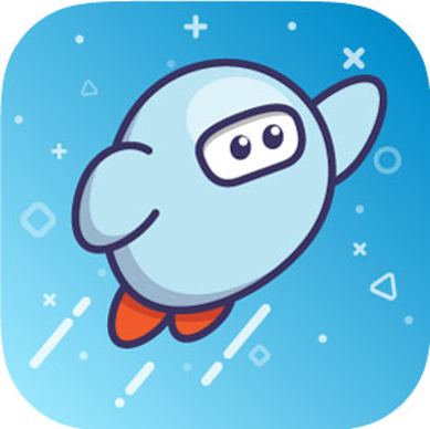 Illustration of the Sora reading app mascot, a rounded light-blue flying character with a visor-like face and small orange feet, floating on a blue background with small geometric shapes suggesting motion and space.