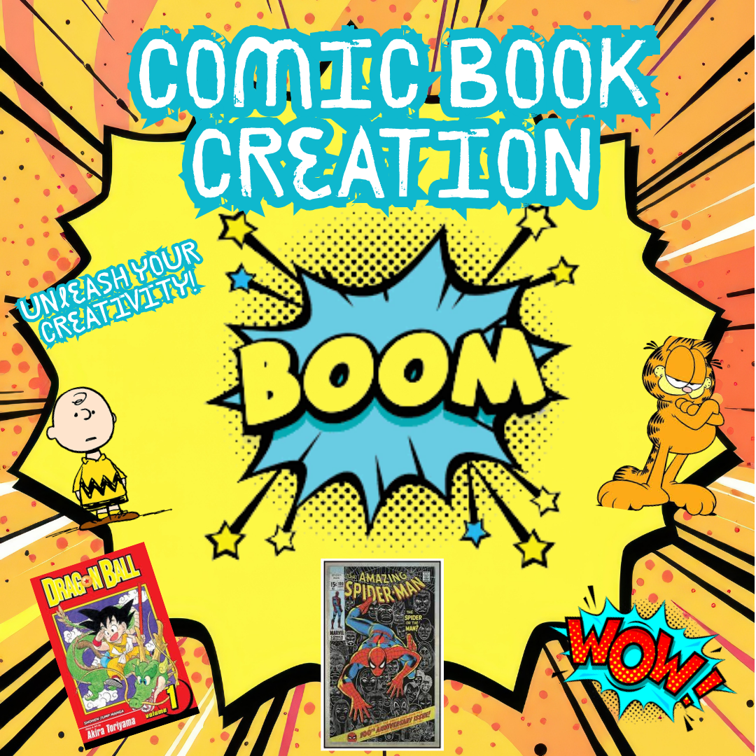 Image shows a cartoon explosion with the word boom in the centre. The title comic book creation is along the top and various cartoon characters and front covers are around the outside.