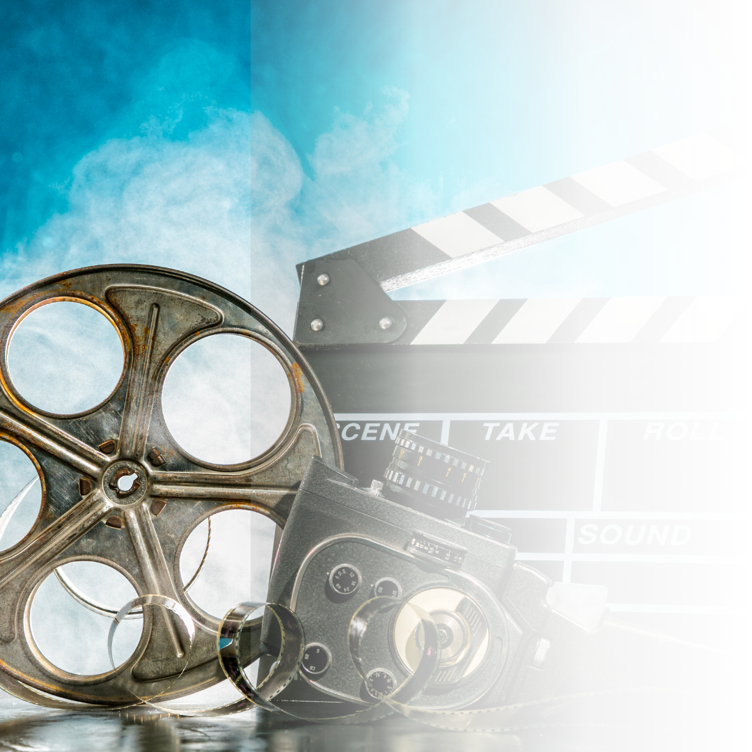 Image shows a film reel, clapper board and camera
