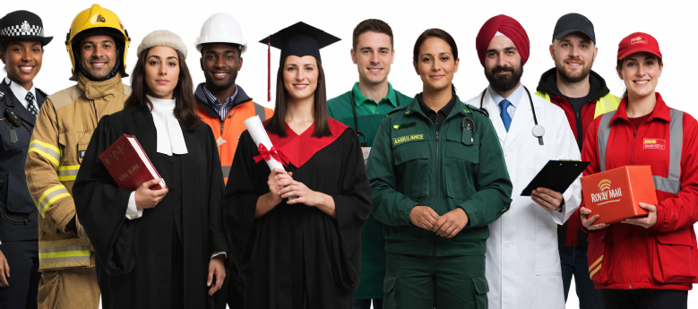 Group of adults standing side by side wearing different professional uniforms, representing a range of careers including emergency services, healthcare, construction, education and delivery roles