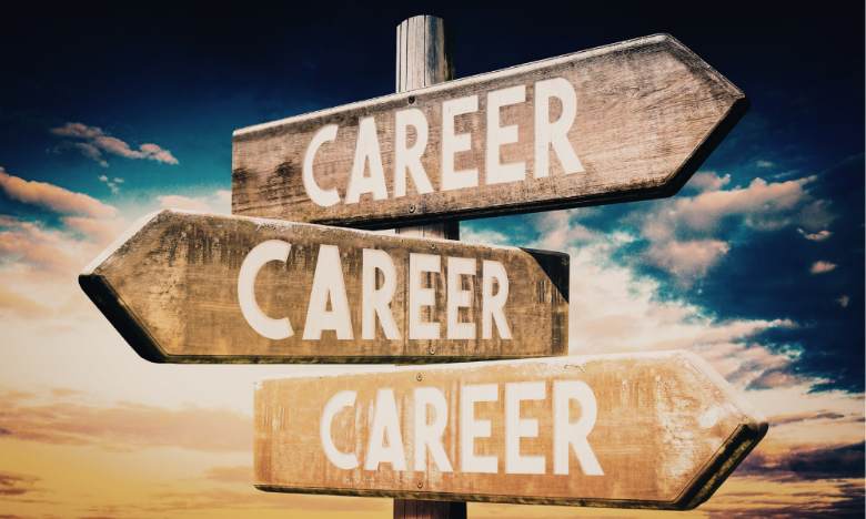 Wooden signpost with multiple arrows pointing in different directions, each labelled ‘Career’, set against a sky background