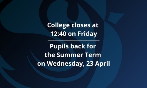 Image shows part of the Swanmore College emblem and the text college closes at 12:40 on Friday. Pupils back for the summer term on Wednesday, 23 April