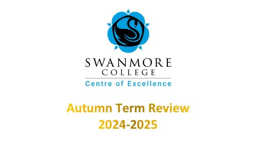 Image shows Swanmore logo on white background, with gold wording that reads 'Autumn Term Review 2024-2025'
