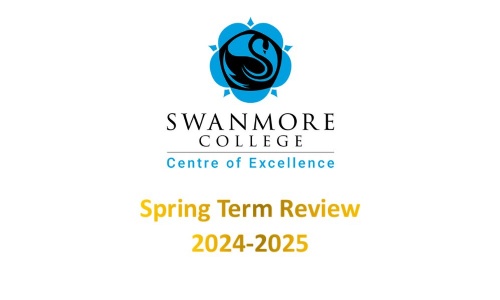Image shows Swanmore logo on white background, with gold wording that reads 'Spring Term Review 2025'