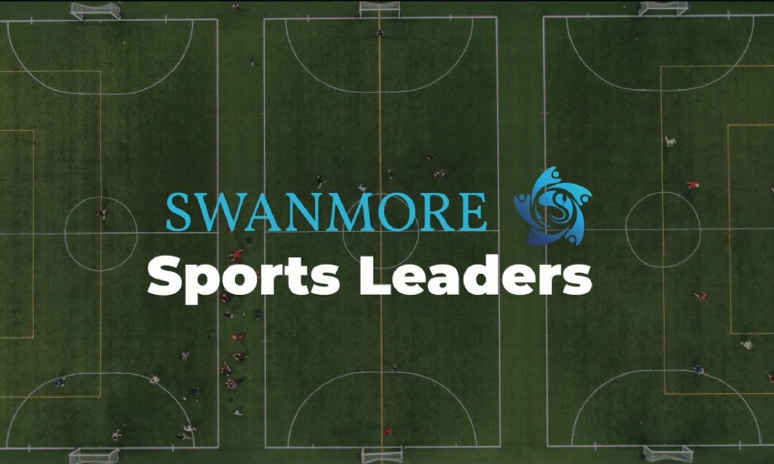 Image shows a still from the Sports Leaders video - an arial shot of 3 football pitches with the words Swanmore Sports Leaders