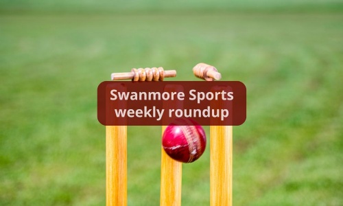 Image shows a cricket ball knocking the bails off the stumps and the text Swanmore Sports weekly roundup