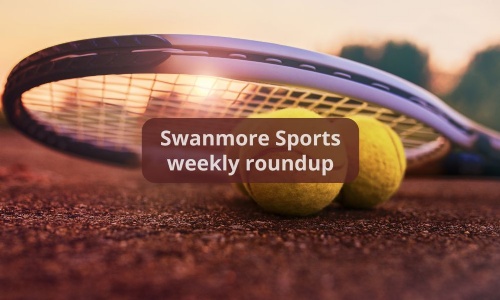 Image shows a close up of a tennis racquet and tennis balls on the ground against a sunset sky with the words Swanmore Sports weekly roundup