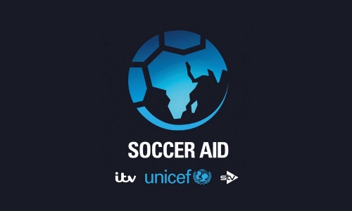 Image shows the Soccer Aid logo - a circle that is half globe, half football, with the words Soccer Aid and the logos for ITB, UNICER and STV
