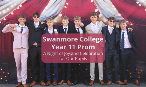 Image shows 8 pupils dressed in suits having arrived at the Year 11 Prom, standing in front of big top themed backdrop 
