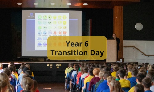 Image shows the year 6 pupils sat in the hall during their welcome assembly with the words year 6 transition day