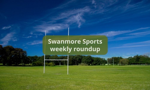 Image shows an empty rugby field with the posts against a very blue sky and text that reads Swanmore Sports weekly roundup