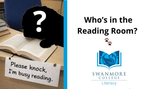A dog-shaped silhouette with a question mark reading a book, beside text reading “Who’s in the Reading Room?” and the Swanmore College Literacy logo