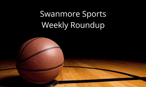 Basketball resting on an indoor court under spotlights, with the text “Swanmore Sports Weekly Roundup” displayed above.
