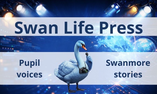 Blue news-style background with Swan Life Press banner, a  swan reporter holding a microphone, and text reading ‘Pupil voices’ and ‘Swanmore stories’ 