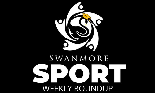 Black background with Swanmore swan logo wearing a yellow graduation cap. White text reads SWANMORE SPORT WEEKLY ROUNDUP.