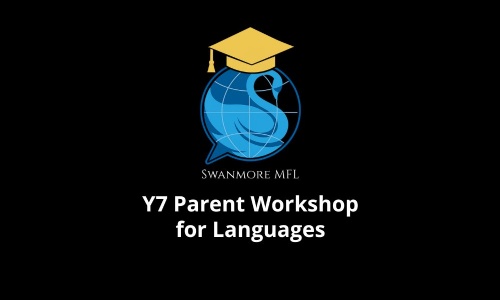 Image shows the Swanmore MFL logo and the words Y7 parent workshop for languages