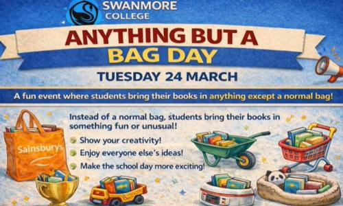 Poster for Anything But a Bag Day on 24 March showing creative ways to carry books such as a trolley, basket, toy truck and shopping bag
