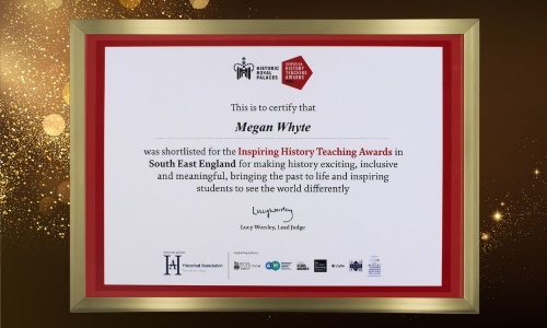 Framed Inspiring History Teaching Awards certificate for Mrs Whyte on a gold background with sparkles, celebrating her national shortlist recognition.