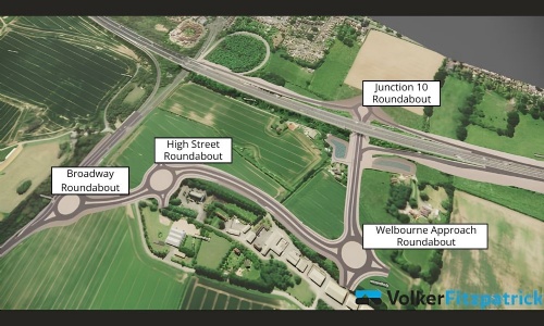 Aerial graphic showing the planned new road layout and roundabouts at M27 Junction 10 and the A32 Wickham Road area.