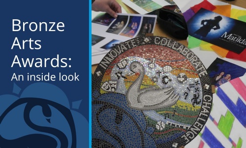 Bronze Arts Award promotional graphic featuring pupil artwork, theatre images and Swanmore College branding.