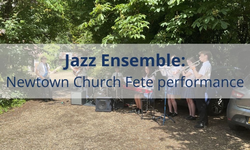Jazz ensemble performing outdoors at a church fete, with pupils playing guitar, keyboard, drums and brass instruments.