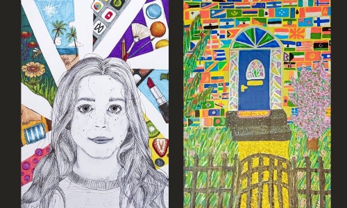 Image shows two colourful competition artworks: a detailed portrait surrounded by personal interests and a brightly painted house decorated with flags