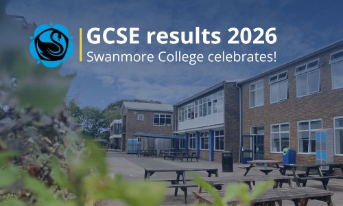 Courtyard at Swanmore College with GCSE Results 2026 headline celebrating pupils' achievements.