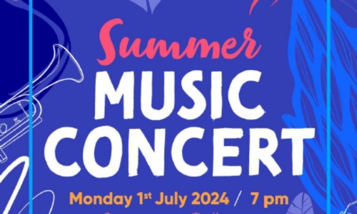 Image shows part of the poster for the Summer music concert 2024 taking place on Monday 01 July at 7 pm