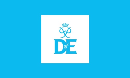 Image shows the DofE logo against a bright light blue background. It has two main elements – the Founder’s personal cypher and the letters DofE