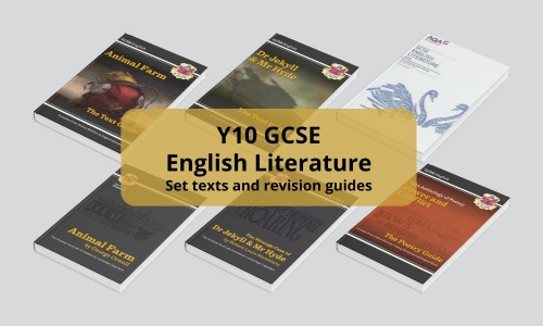 Image shows the front covers of the books listed in the article below and the text year 10 GCSE English Literature set texts and revision guides