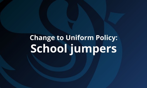 Image shows a large and darkened part of the Swanmore College emblem as a background to the text: Change to uniform policy: School jumpers
