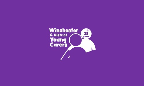 Image shows the Winchester and district young carers logo - a white person with their arm on the shoulder of a purple person, with the text 25 years