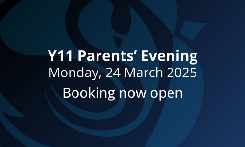 Image shows part of a very large Swanmore College emblem on a dark blue background with the text Y11 parents' evening Monday 24 March booking now open