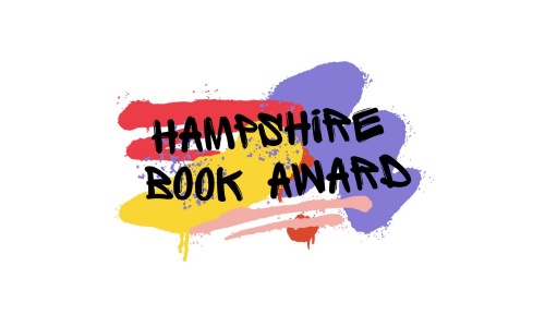Image shows the Hampshire Book Award logo - daubs of purple, red, yellow and pink paint with the words Hampshire Book Award across them