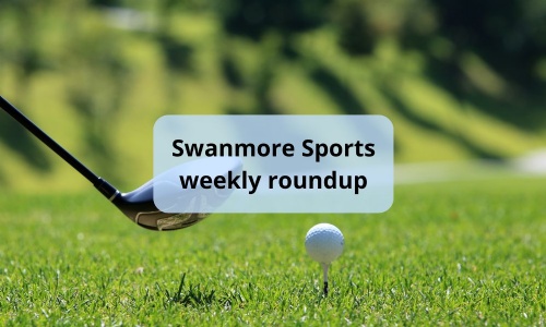 Image shows a golf club with a ball on a tee surrounded by manicured grass and the text swanmore sports weekly roundup