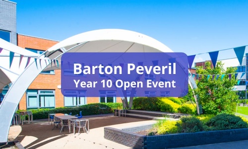 Image shows a picture of a permanent canopy in an outside space at Barton Peveril on a sunny day with the words Barton Peveril Year 10 open event