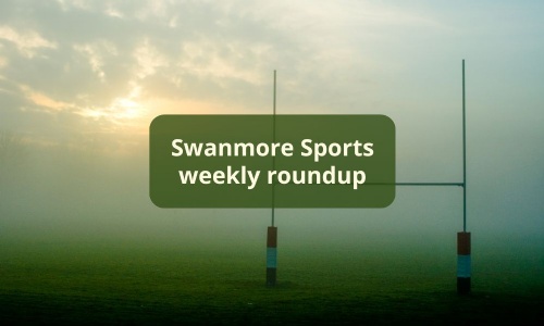 Image shows a rugby post on a sunny and misty morning, with the words Swanmore Sports weekly roundup